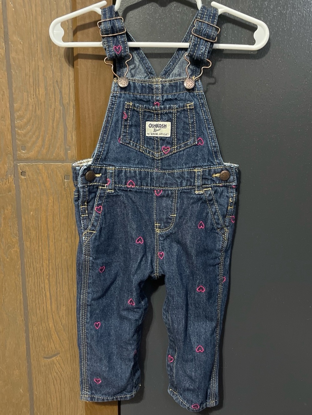 Vintage OshKosh B'gosh Dark Blue Denim Overalls with Pink Heart Accents